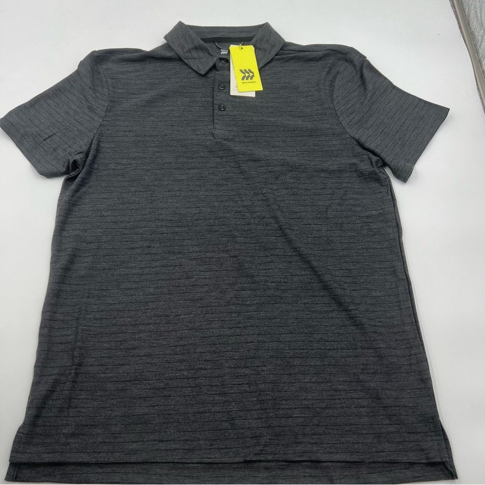 Men’s all‎ in motion grey and black polo size M. Pit to pit 20 length 27.  NWT